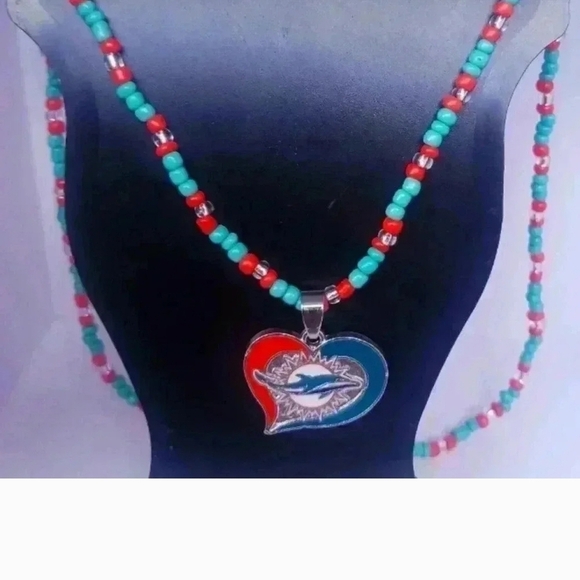 None Jewelry - Turquoise and Red Beaded Necklace with Dolphin Pendant